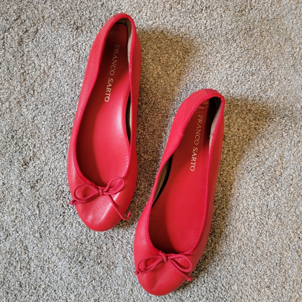 Franco Sarto Red Leather Upper Ballet Flats With Bows Size 8